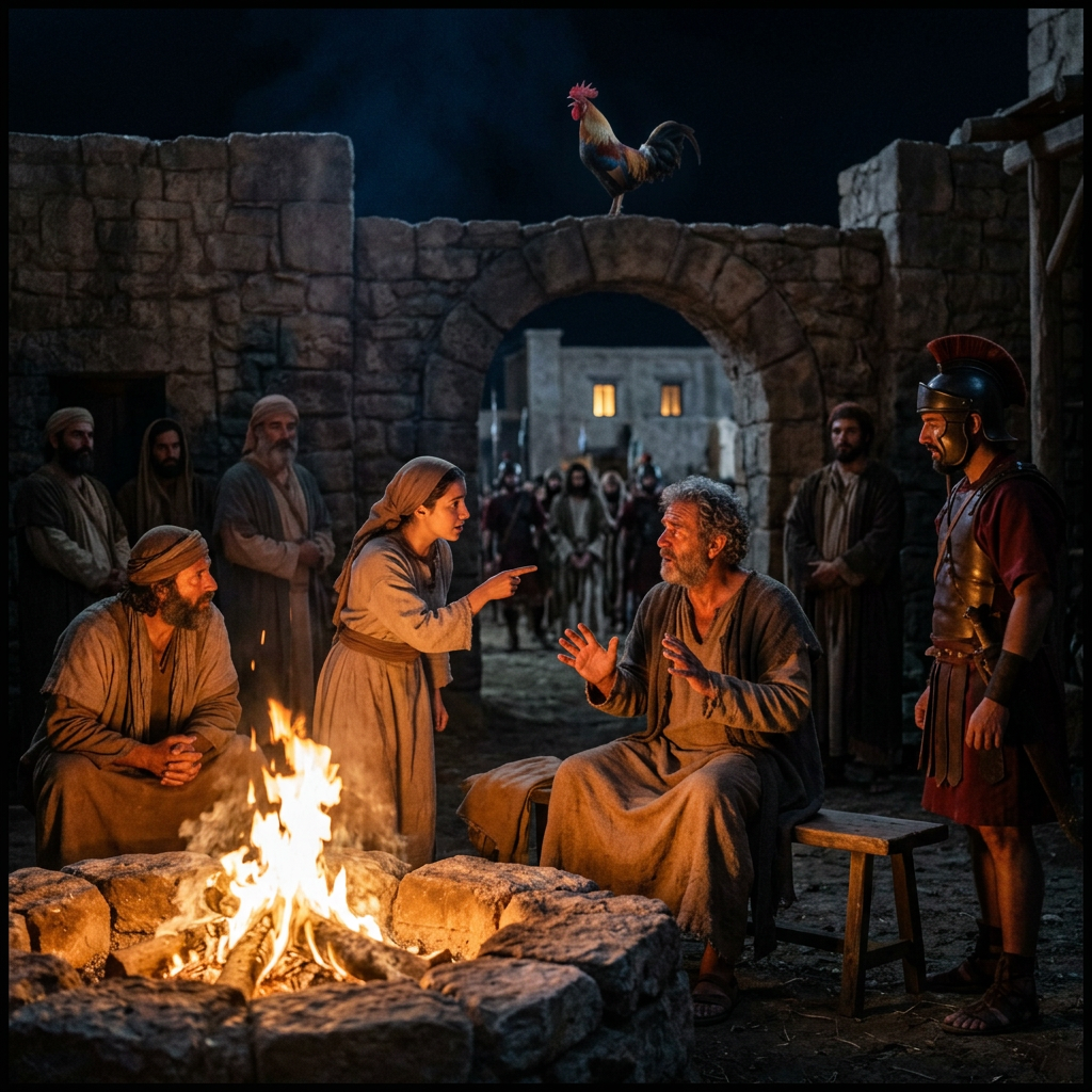 Biblical courtyard scene with Jesus, villagers, a rooster, and Roman soldier